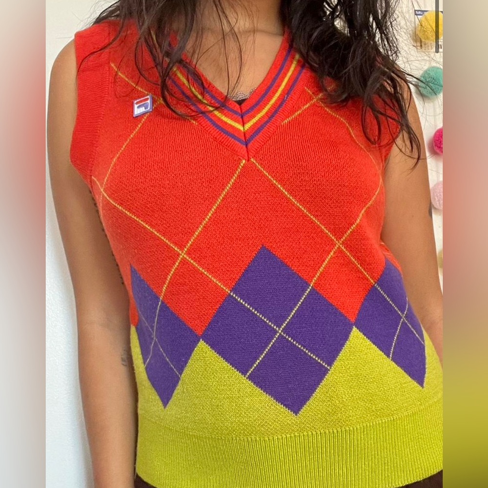 FILA Female Darby Argyle Tank Top Vest Size Medium Acrylic Multicolor V-Neck